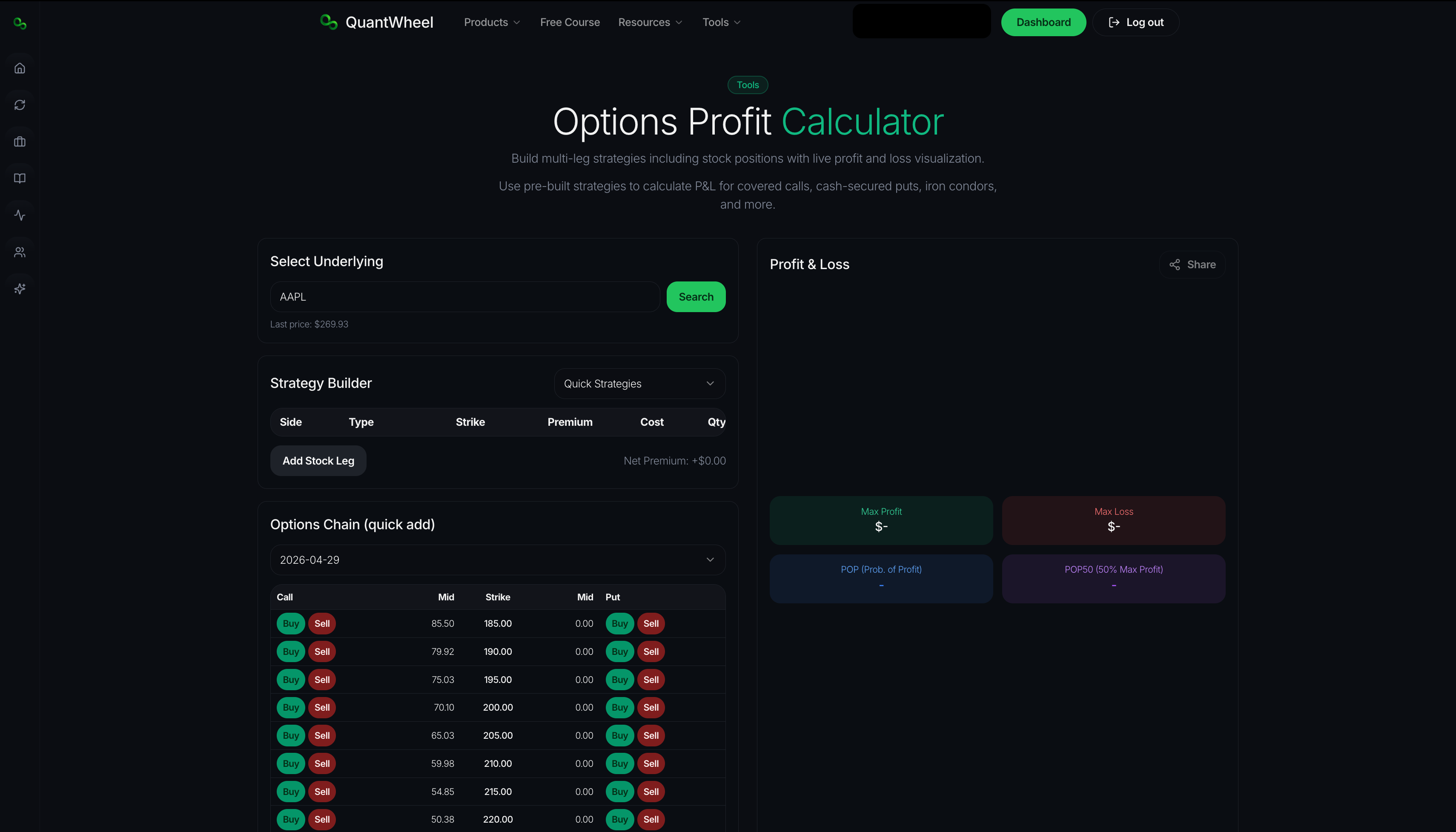 options calculator tool and visualization quantwheel