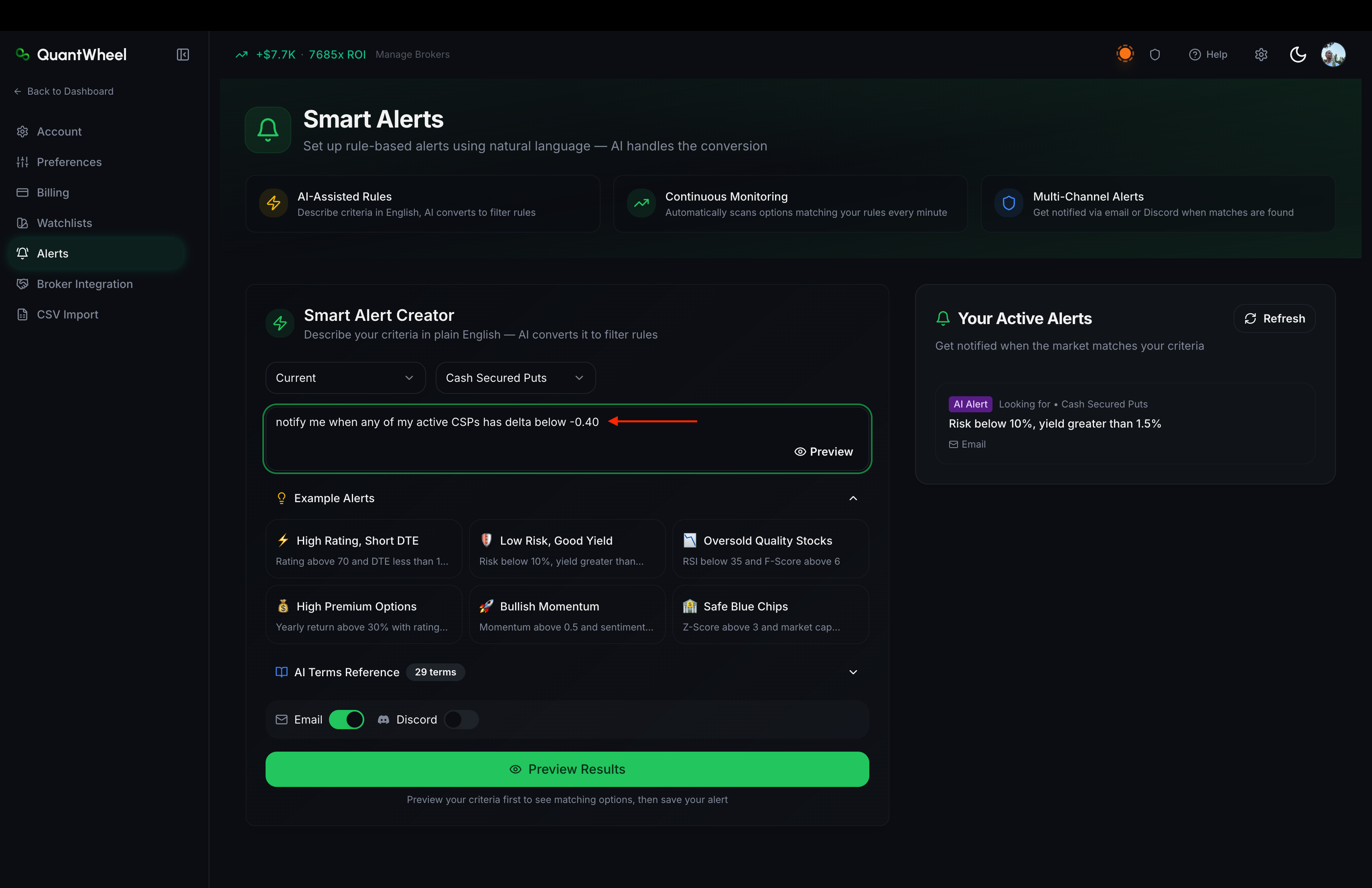 writing a command into quantwheel smart alerts