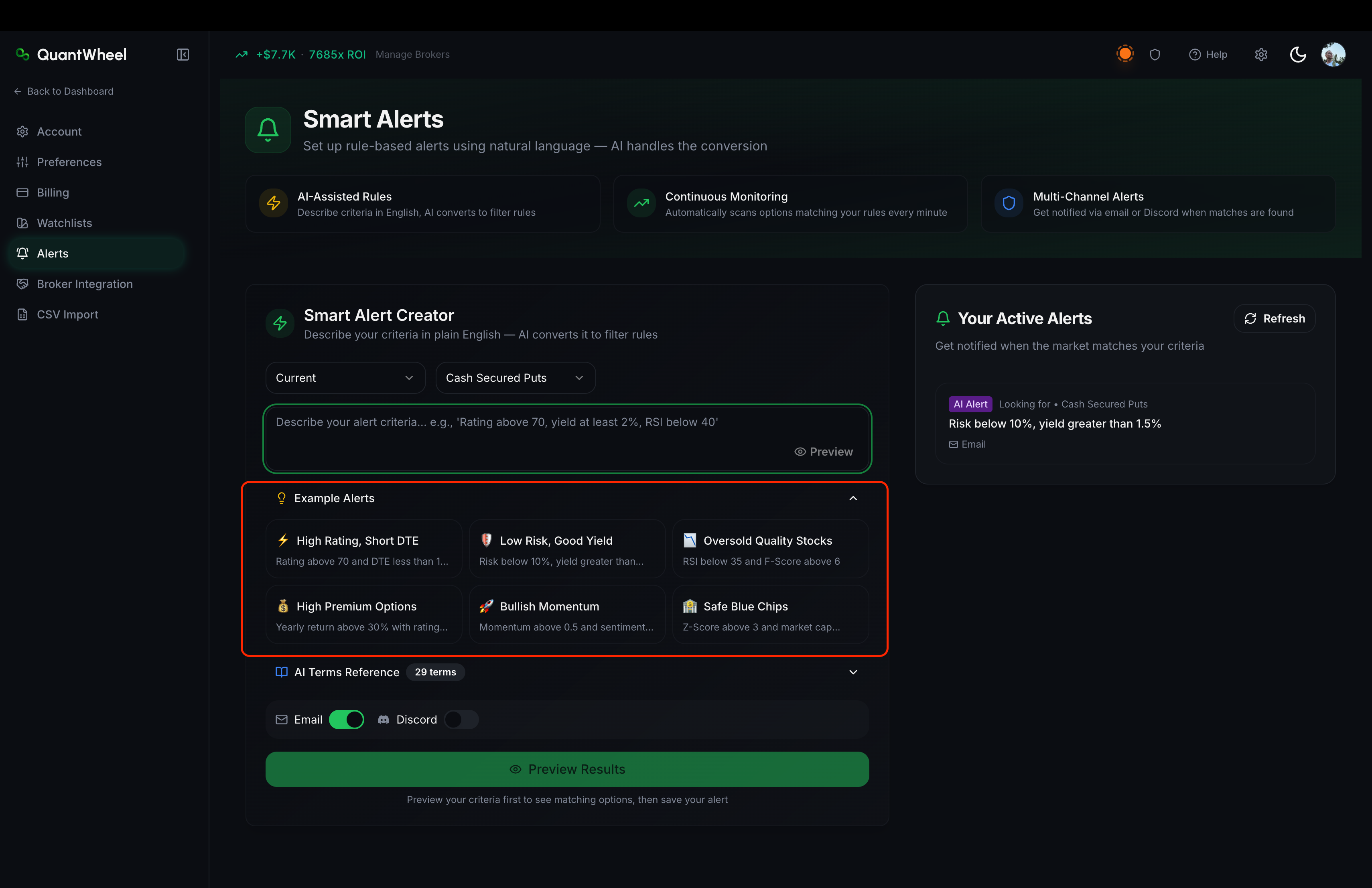 Example Alerts   premade filters for alerts inside quantwheel