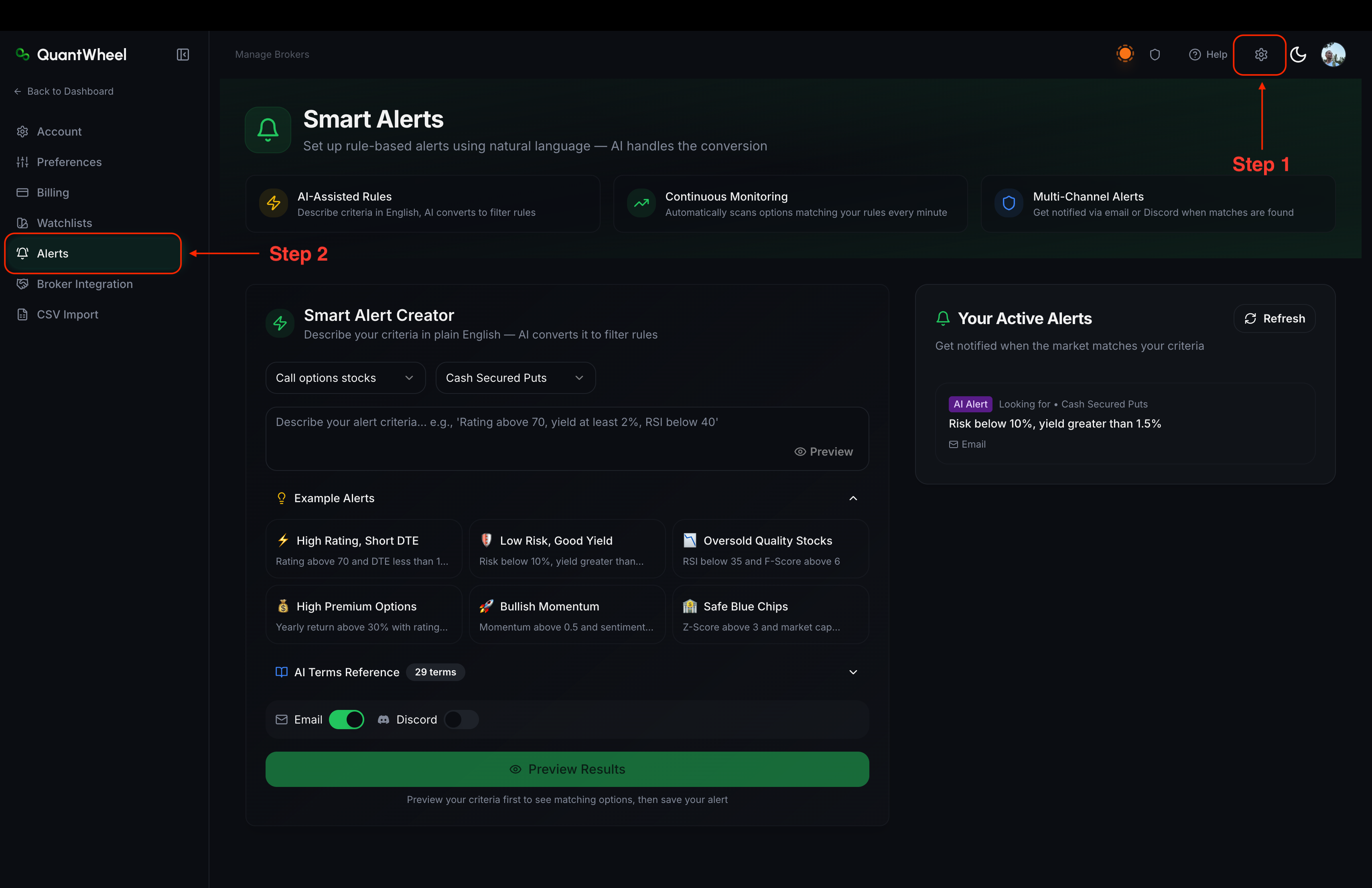 quantwheel alerts setup steps for gamma flip
