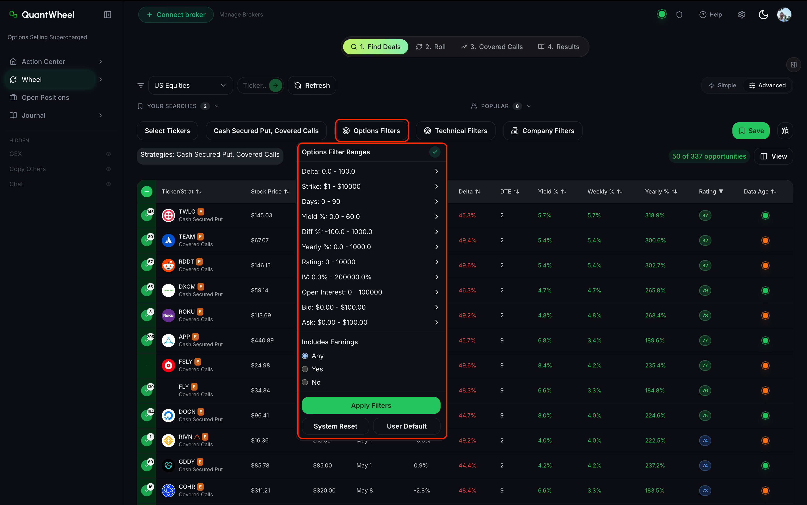 filter by options metrics quantwheel