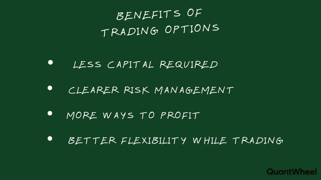 This visual outlines the key benefits of options trading, demonstrating how investors can access diverse possibilities beyond standard stock ownership. It highlights five distinct advantages, starting with lower capital requirements where a small premium controls many shares. The image emphasizes built-in risk management, showing how losses are strictly limited to the initial cost paid. It also illustrates the high profit potential available through leveraged positions, allowing gains even from small market moves. Furthermore, it details flexible strategies that generate income or act as insurance, giving traders more choices and decisions to adapt their investment plans to any market price direction. Image is just a summarized Options vs stocks debate, with clear text blocks listing the benefits of trading options vs stocks and the difference between options and stocks, showing how options vs stocks use less capital, add leverage and time-sensitive contracts while traditional stocks highlight simple ownership, dividends and indefinite holding periods. The design visually answers what are options and what is the difference between them. Viewer can quickly see the practical difference between options and stocks for different trading goals.