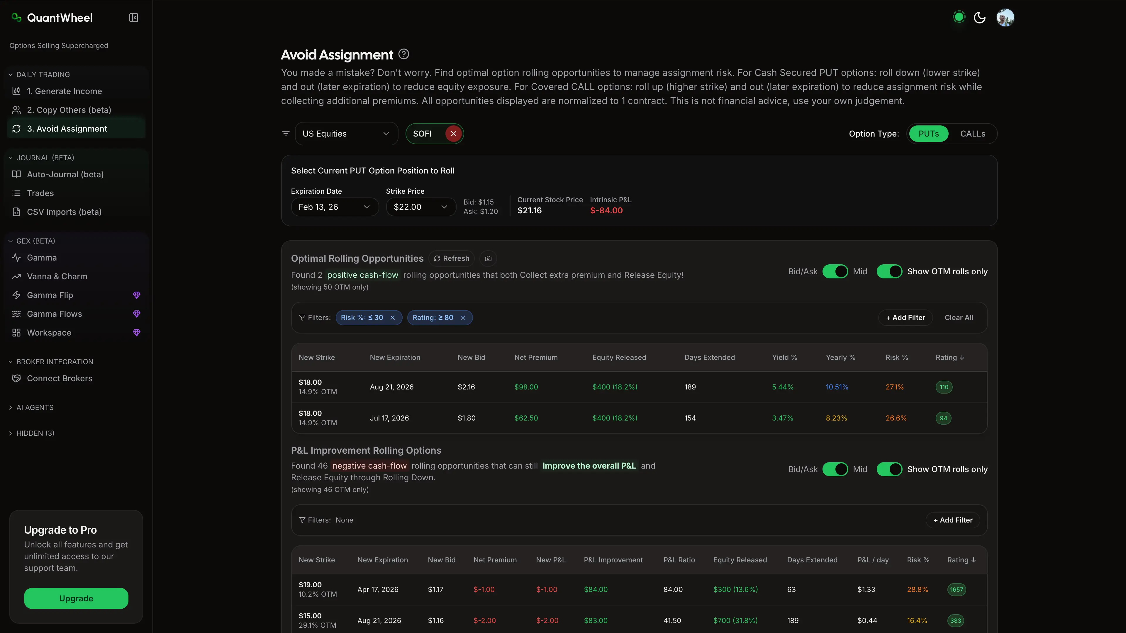 This detailed screenshot shows a specialized options assignment tool designed to help traders avoid assignment and manage early assignment and ITM assignment more confidently by visualizing assignment risk in real time. The dashboard explains options assignment explained with clear panels that walk through what happens assigned call/put, guiding users step by step on assigned options what next after an assigned call/put event. Traders using the wheel can see dedicated wheel strategy assignment modules that highlight ITM assignment risk and show how assignment timing works around assignment expiration day auto-exercise, including when auto-exercise is most likely to occur. Practical tools help users how avoid options assignment in several ways: they can avoid early assignment by closing or rolling ITM shorts avoid assignment, especially when there is not enough money/shares assignment coverage, and by monitoring get assigned early before expiration scenarios that often happen around dividends. The screenshot also emphasizes ex-dividend assignment, clearly marking ex-dividend dates so traders know when does assignment occur more frequently and how early assignment dividends ex-dividend effects can lead to being get assigned early before expiration if they do not close ITM shorts avoid assignment in time, which is essential for any wheel strategy assignment or systematic options selling approach.