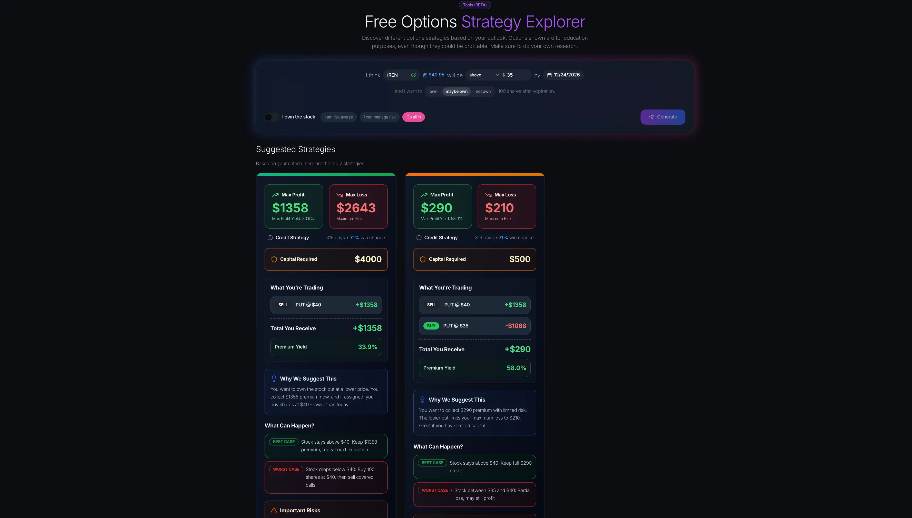 Free options strategy explorer comparing cash-secured put vs put spread for IREN with P&L, win chance, and premium yield